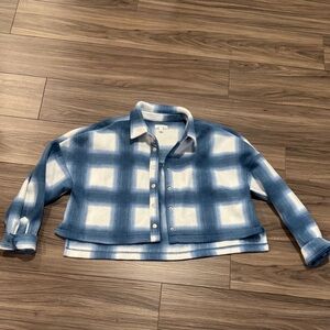 Blue and White Plaid Cropped Button-Up fleece Jacket